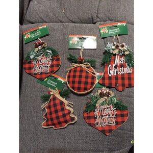 5 plaid Merry Christmas ornament lot